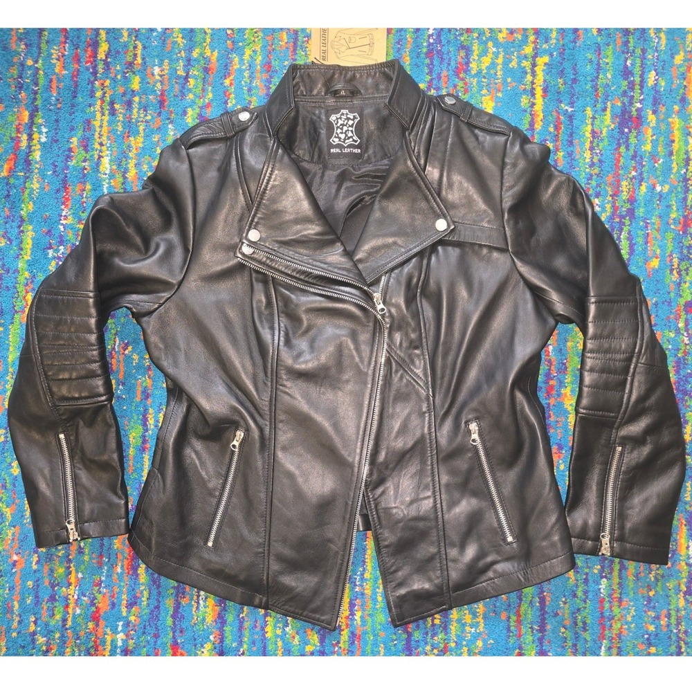 NWT Decrum Monica Biker Jacket Black Real Lamb Leather Moto Women Size XL